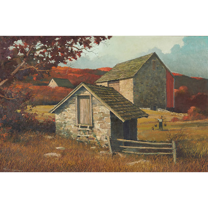 Eric Sloane (American, 1905-1985) Stone Barns in Autumn  23 1/8 x 35 1/4 in. (58.8 x 89.5 cm) framed 31 1/4 x 43 in. image 1