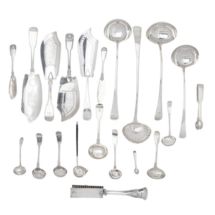 A GROUP OF ENGLISH SILVER FISH SLICES, LADLES, AND TONGS by various makers, 18th-19th centuries image 1