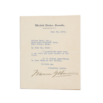 Harding, Warren G. (1865-1923), Typed Letter Signed image 1