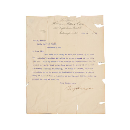 Harrison, Benjamin (1833-1901), Typed Letter Signed image 1