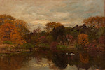 Thumbnail of John Joseph Enneking (American, 1841-1916) Early Autumn, Neponset River, Hyde Park, alternately titled The Summer House on the Neponset River 19 x 28 in. (48.0 x 71.0 cm) framed 26 x 35 in. image 1