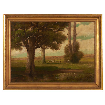 William Morris Hunt (American, 1824-1879) Landscape with Majestic Trees and Distant Grazing Flock 16 x 22 in. (40.5 x 55.5 cm) framed 19 1/2 x 25 1/2 in. image 3