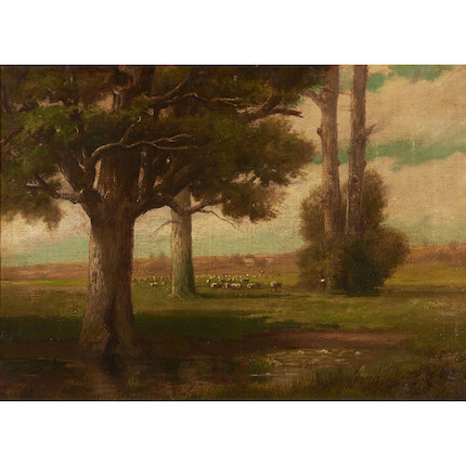 William Morris Hunt (American, 1824-1879) Landscape with Majestic Trees and Distant Grazing Flock 16 x 22 in. (40.5 x 55.5 cm) framed 19 1/2 x 25 1/2 in. image 1
