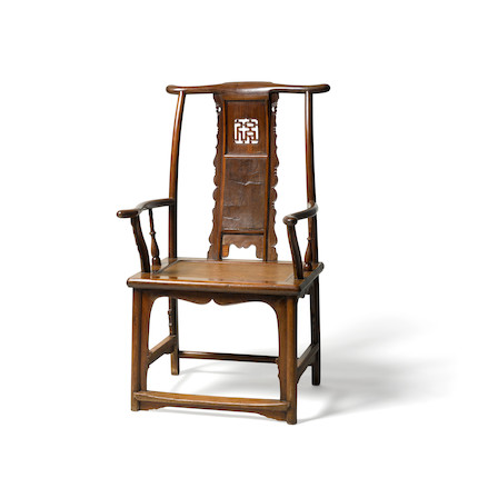 A RARE AND EXCEPTIONAL HUANGHUALI AND NANMU 'FU' CHARACTER YOKEBACK ARMCHAIR, GUANMAOYI Ming dynasty, 16th/17th century image 1