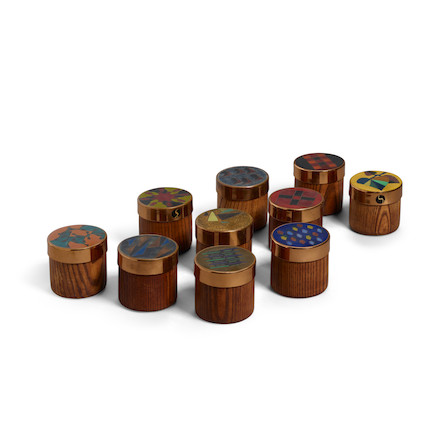 A GROUP OF TEN SMALL KARL SCHIBENSKY FOR SCHOLZ & LAMMEL ENAMELED COPPER AND OAK BOXES height of each approximately 2 1/2in (6.5cm) image 2