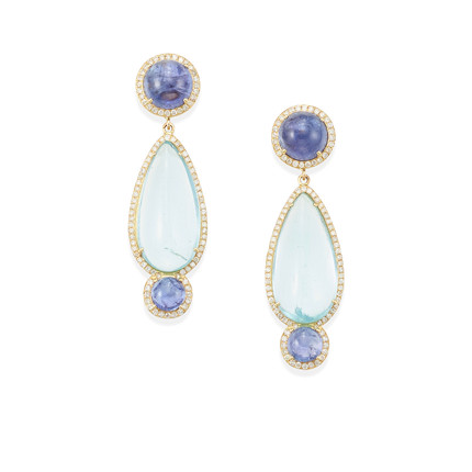 A PAIR OF GOLD, GEM-SET AND DIAMOND EARRINGS image 1
