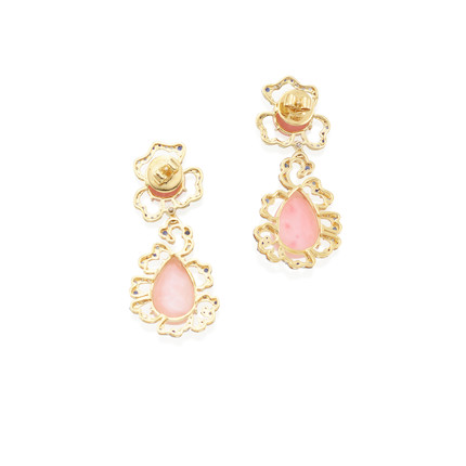 A PAIR OF GOLD, PINK OPAL, SAPPHIRE AND DIAMOND EARRINGS image 2
