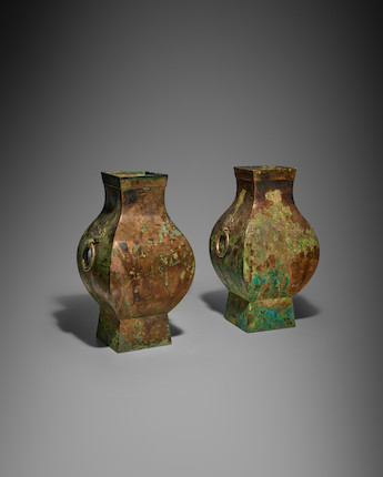 A PAIR OF ARCHAIC BRONZE SQUARE WINE VESSELS, FANG HU Han dynasty (2) image 1
