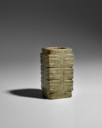 A NEOLITHIC MOTTLED GRAY-GREEN JADE CONG Liangzhu Culture, circa 3000-2500 B.C. image 1