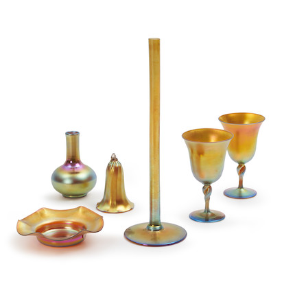 Eight Mostly Steuben Aurene Iridescent Glass Items image 1