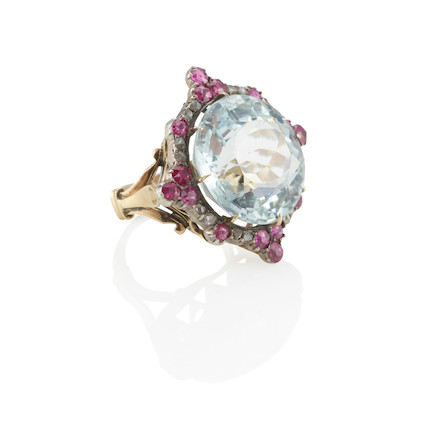 A GOLD, SILVER-TOPPED GOLD, AQUAMARINE AND GEM-SET RING image 3