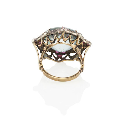 A GOLD, SILVER-TOPPED GOLD, AQUAMARINE AND GEM-SET RING image 2