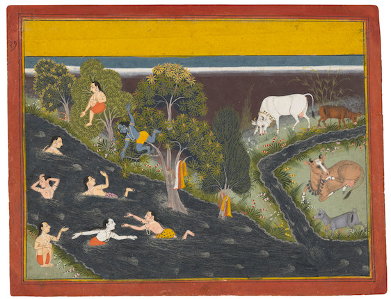 AN ILLUSTRATION FROM A BHAGAVATA PURANA SERIES KRISHNA PLAYING WITH HIS COWHERD FRIENDS IN THE YAMUNA RIVER MEWAR, CIRCA 1710-15 image 1