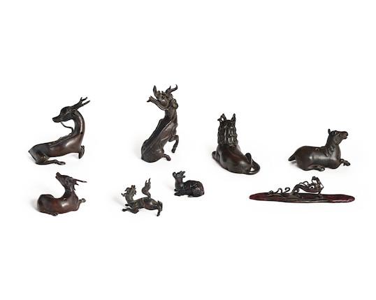 A GROUP OF EIGHT MINIATURE BRONZE ANIMALS AS WATER DROPPERS OR WEIGHTS 17th to 19th century (8) image 1