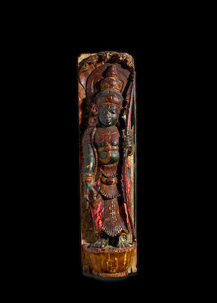 A PAIR OF CARVED POLYCHROME WOOD PANELS OF DEVI KERALA, CIRCA 18TH CENTURY image 3