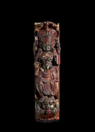 A PAIR OF CARVED POLYCHROME WOOD PANELS OF DEVI KERALA, CIRCA 18TH CENTURY image 4