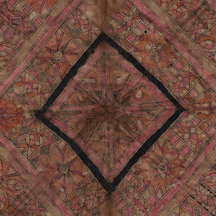 An Indonesian painted barkcloth headscarf, Fuya cloth size 29 x 29, frame size 35 3/4 x 36 in. image 2