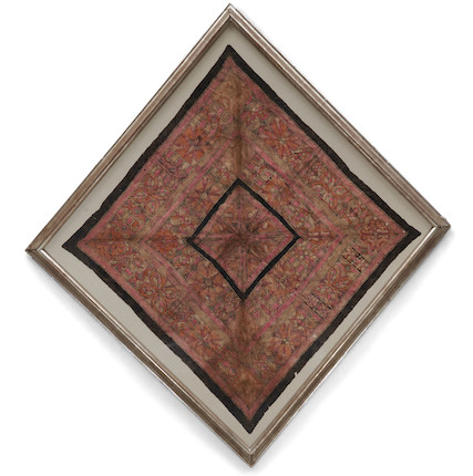 An Indonesian painted barkcloth headscarf, Fuya cloth size 29 x 29, frame size 35 3/4 x 36 in. image 1