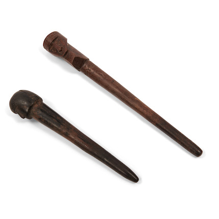 Two Massim wood betel pestles lg. 9 3/4 and 7 1/4 in. image 1