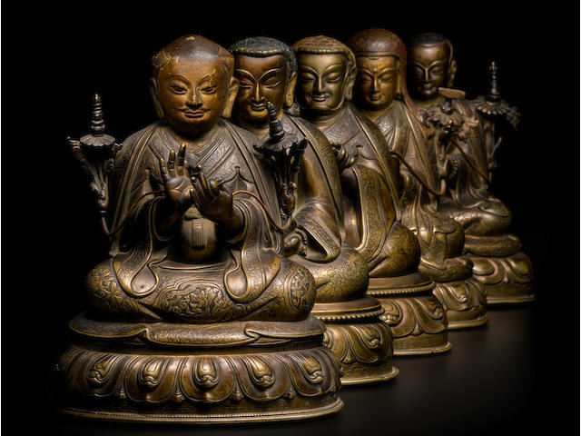 A SET OF COPPER ALLOY PORTRAITS DEPICTING THE FIVE PATRIARCHS OF THE SAKYA ORDER OF TIBETAN BUDDISM (JETSUN GONGMA NGA) CENTRAL TIBET, TSANG PROVINCE, 15TH/16TH CENTURY
