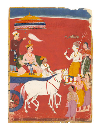 FOUR PARTIAL FOLIOS FROM A BHAGAVATA PURARA SERIES ATTRIBUTED TO SAHIBDIN, MEWAR, CIRCA 1645 image 5