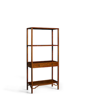 A FINE AND RARE HUANGHUALI THREE-SHELF BOOKCASE, JIAGE Qing dynasty, 18th century image 1