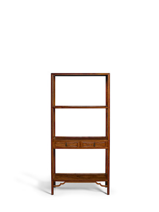 A FINE AND RARE HUANGHUALI THREE-SHELF BOOKCASE, JIAGE Qing dynasty, 18th century image 2