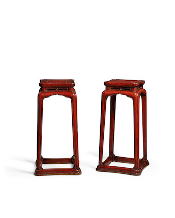 A PAIR OF TALL RED LACQUERED INCENSE STANDS, XIANGJI Late Ming/Early Qing, 17th century (2) image 1