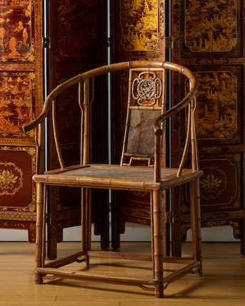 A RARE AND EXCEPTIONAL HUANGHUALI AND HUAMU BAMBOO-STYLE HORSESHOE BACK ARMCHAIR, QUANYI 17th/18th century image 16