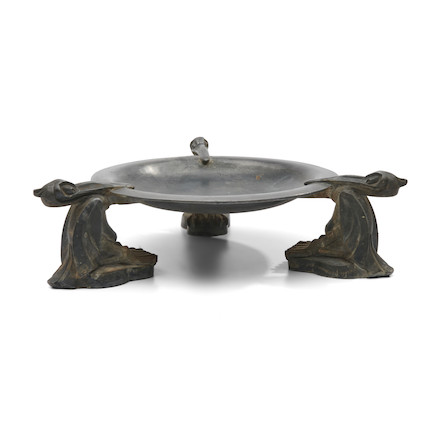 Charles Artus (1897-1978) Pewter Pelican Center Bowl France, late 20th century, shallow bowl supported by cast metal pelicans, each figure with molded artist's signature, ht. 3 3/4 in. (ht. 9.5 cm.). image 2