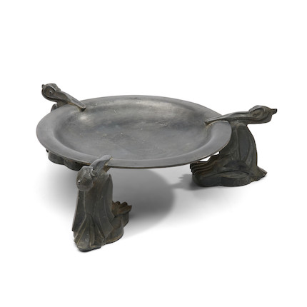 Charles Artus (1897-1978) Pewter Pelican Center Bowl France, late 20th century, shallow bowl supported by cast metal pelicans, each figure with molded artist's signature, ht. 3 3/4 in. (ht. 9.5 cm.). image 1