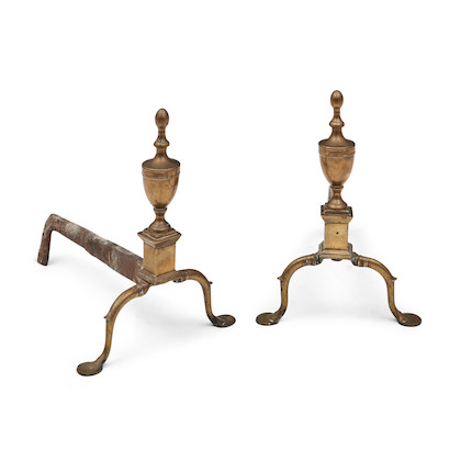 Pair of Brass and Iron Urn-top Andirons, America, c. 1800. image 1