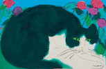 Thumbnail of Walasse Ting (American/Chinese, 1929-2010) Resting Cat 9 3/8 x 14 1/8 in. (23.8 x 35.9 cm) framed 16 1/4 x 20 1/4 x 1 1/4 in. image 1