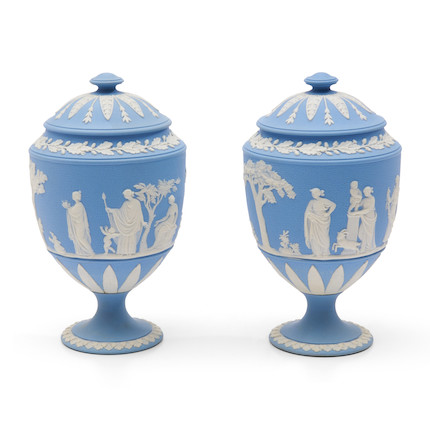 Pair of Wedgwood Solid Light Blue Jasper Vases and Covers, England, 19th century, image 3