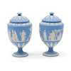 Thumbnail of Pair of Wedgwood Solid Light Blue Jasper Vases and Covers, England, 19th century, image 1