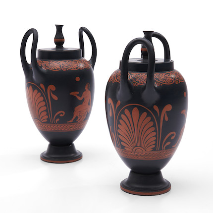 Pair of Wedgwood Encaustic Decorated Black Basalt Vases and Covers, England, early 19th century, image 2