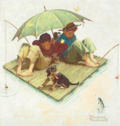 Norman Rockwell (1894-1978) Me and My Pal Fishing Raft 14 1/8 x 13 1/8 in. (35.9 x 33.3 cm.) (Painted in 1954.) image 1