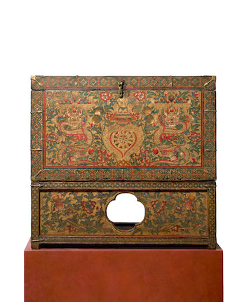 A PAINTED WOOD STORAGE CHEST AND STAND TIBET, CIRCA 18TH CENTURY image 1