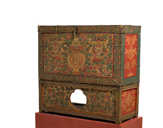 A PAINTED WOOD STORAGE CHEST AND STAND TIBET, CIRCA 18TH CENTURY image 2