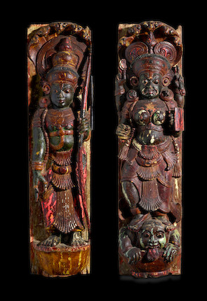 A PAIR OF CARVED POLYCHROME WOOD PANELS OF DEVI KERALA, CIRCA 18TH CENTURY image 2