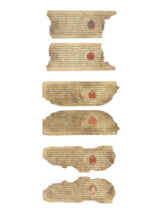 THREE DOUBLE-SIDED ILLUMINATED PAGES FROM A  PRAJNAPARAMITA SUTRA WEST TIBET, 11TH/12TH CENTURY image 1