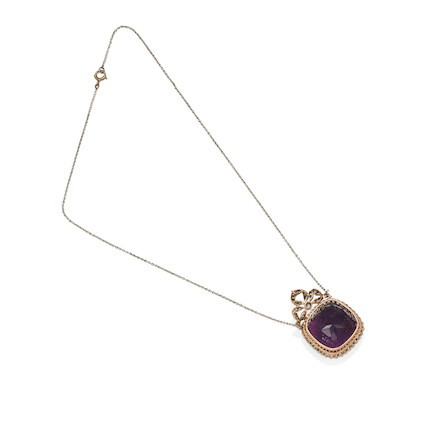 A PLATINUM, GOLD, SILVER-TOPPED GOLD, AMETHYST AND DIAMOND PENDANT NECKLACE image 2