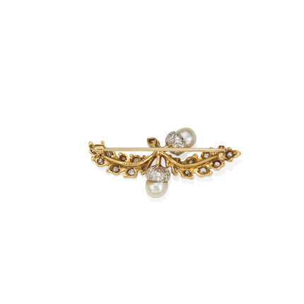 MARCUS & CO. A PLATINUM, GOLD, CULTURED PEARL AND DIAMOND BROOCH image 2