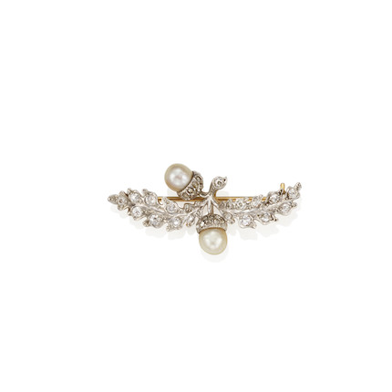 MARCUS & CO. A PLATINUM, GOLD, CULTURED PEARL AND DIAMOND BROOCH image 1