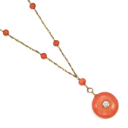 A GOLD, CORAL AND DIAMOND NECKLACE image 2