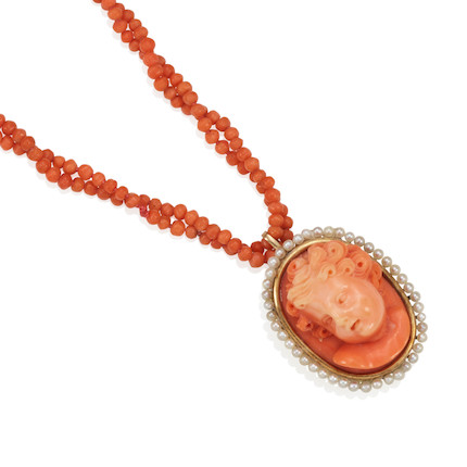 A GOLD, CORAL AND SEED PEARL CAMEO NECKLACE image 2