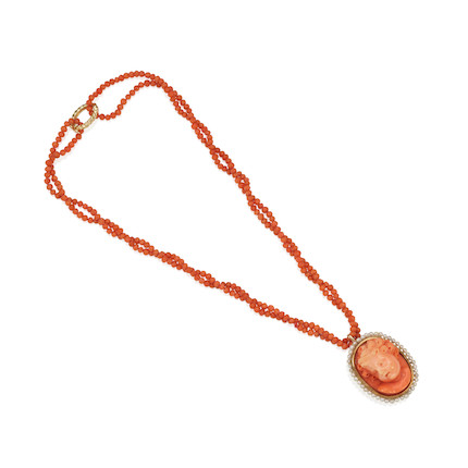 A GOLD, CORAL AND SEED PEARL CAMEO NECKLACE image 1