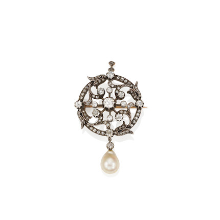 A SILVER-TOPPED GOLD, DIAMOND AND CULTURED PEARL PENDANT BROOCH image 1
