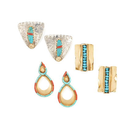 THREE PAIRS OF GOLD, SILVER AND HARDSTONE EARRINGS image 1