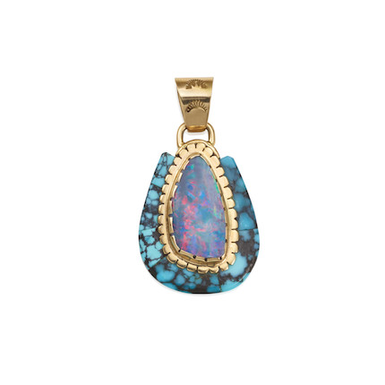A GOLD, OPAL AND TURQUOISE PENDANT image 1